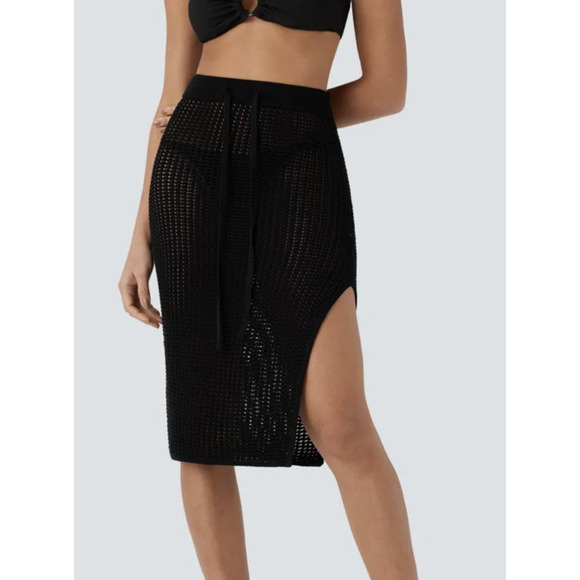 Halara Skirt Womens Small Black Crochet Knit Midi Swim Cover Up High Slit Beach - Picture 1 of 8